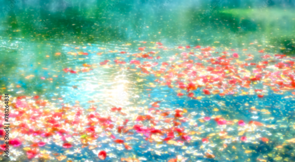 キラキラとした水面にカラフルな花を浮かべた光あふれる絵画のような背景