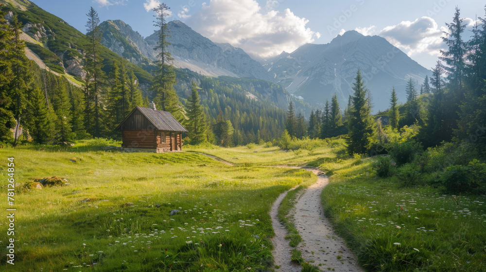 Trail to the wooden cabin in the meadow in the mountains Trail to the wooden cabin in the meadow in the mountains