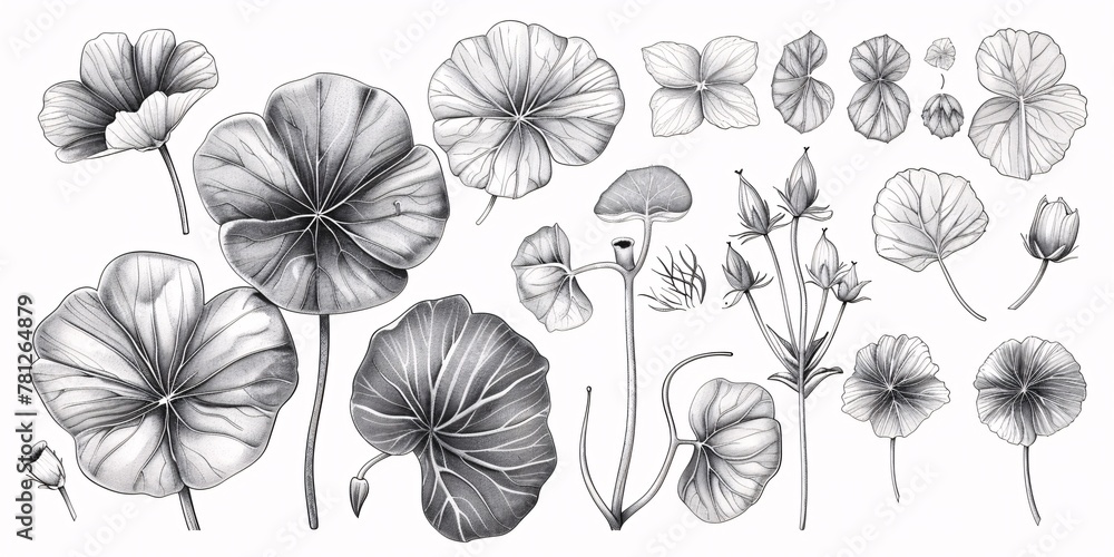 Monochrome hand-drawn illustration set of Centella asiatica flower leaf with graphic elements in engraved style for labels, stickers, menus, and packaging. Monochrome hand-drawn illustration set of Centella asiatica flower leaf with graphic elements in engraved style for labels, stickers, menus, and packaging.