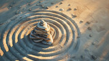 Top view of zen stones pyramid on the sandy beach with circles drawn around it