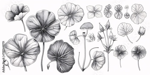 Monochrome hand-drawn illustration set of Centella asiatica flower leaf with graphic elements in engraved style for labels, stickers, menus, and packaging.