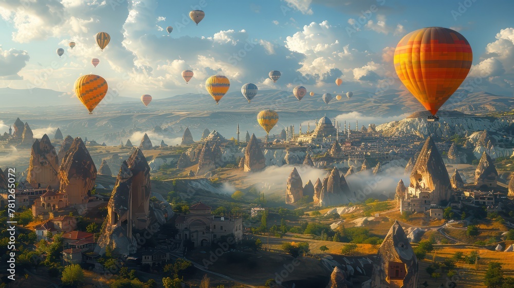 Bright yellow sunrise with colourful balloons floating just in Cappodocia. - obrazy, fototapety, plakaty 