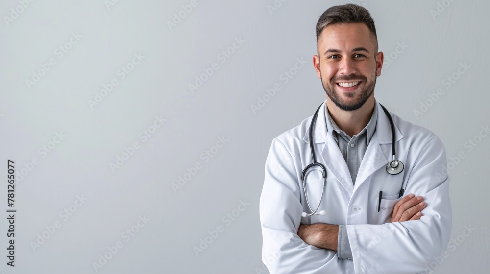 Smiling male physician in lab coat and stethoscope holds good medical report and poses in front of camera on white backdrop with room for text. Smiling male physician in lab coat and stethoscope holds good medical report and poses in front of camera on white backdrop with room for text.