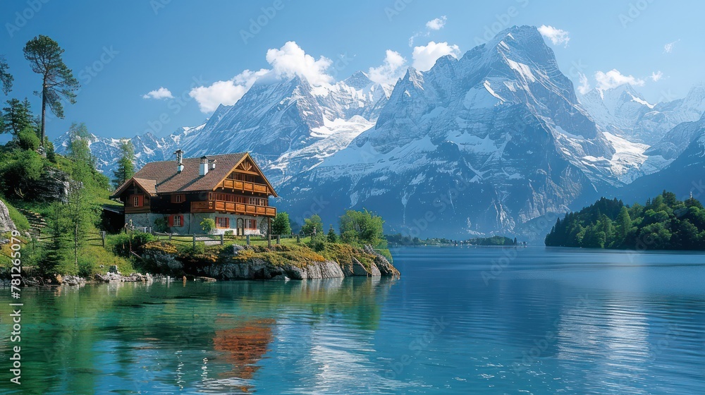 Fototapeta premium A idyllic beauty of an Alpine village in Switzerland It is nestled among snow-capped peaks and crystal-clear lakes. It's like something straight out of a postcard.