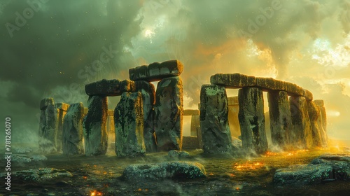 Mysterious Stonehenge stands in quiet reverence, its ancient stone shrouded in mystery and intrigue, symbolizing humanity's connection to the universe. photo