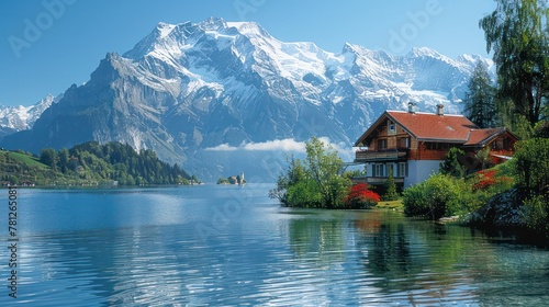 A idyllic beauty of an Alpine village in Switzerland It is nestled among snow-capped peaks and crystal-clear lakes. It's like something straight out of a postcard.