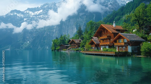 A idyllic beauty of an Alpine village in Switzerland It is nestled among snow-capped peaks and crystal-clear lakes. It's like something straight out of a postcard.
