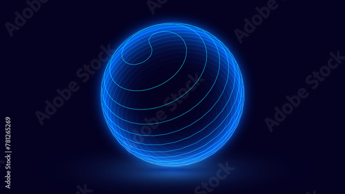 Abstract 3D Spheres of Neon Dots and Stripes. Hi-Tech Orb HUD Design Element. Global Network Connection. Abstract Globe Grid. Science and Technology Vector Illustration. © ec0de