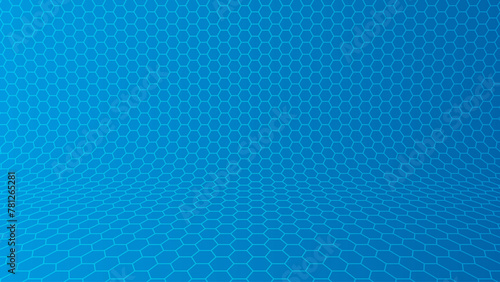 Blue Hexagon Grid In Perspective. Colorful Abstract Technology Background. Molecular Network of Hexagons Connected. Chemical Network. Carbon Nanomaterials Nanotechnology Concept. Vector Illustration.