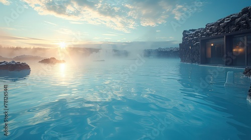 Surreal landscape of the Blue Lagoon in Iceland, blue water among volcanic rocks and geothermal pools. photo