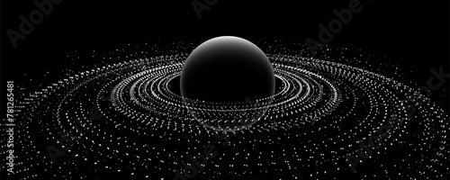 Black Stylized Saturn Planet with Rings. Black Hole Background. Universe and Starry Concept. Gravity Circles. Minimal Art Style Vector Space Illustration.