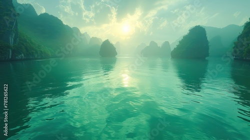 Serene beauty of Halong Bay's limestone mountains rising from the emerald waters. © bird_saranyoo
