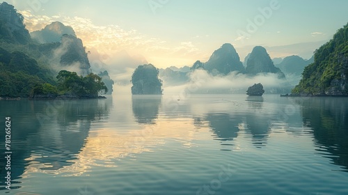 Serene beauty of Halong Bay's limestone mountains rising from the emerald waters. photo