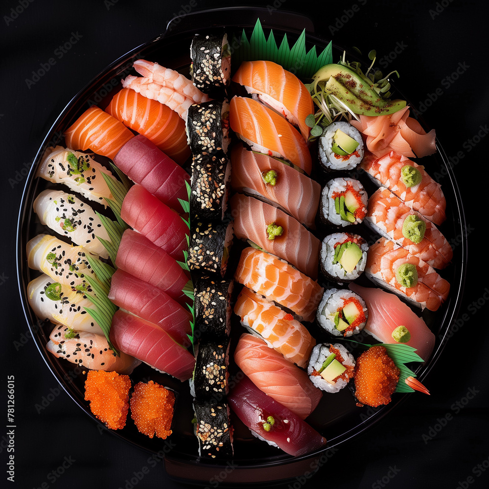 Exquisite Sushi Platter with Nigiri, Sashimi, and Rolls: A Culinary Artistry of Fresh Seafood and Vibrant Ingredients Exquisite Sushi Platter with Nigiri, Sashimi, and Rolls: A Culinary Artistry of Fresh Seafood and Vibrant Ingredients