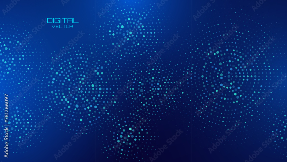Obraz premium Abstract Digital Technology Halftone Circles Pattern. Hexagon Particles Digital Ripple Effect. Hi Tech Science Presentation Background. Vector Illustration.