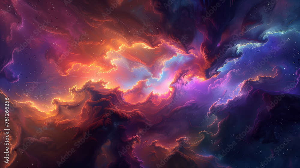 Colorful space scene with purple clouds in the center. The sky is full of stars and bright colors.