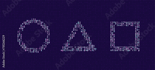 Glitched Frames Geometric Design - Circle, Square, Triangle. ASCII Text Art Style Shapes Background. Glitch Design for Graphic Design - Banner, Poster, Flyer, Brochure, Card. Vector Illustration.