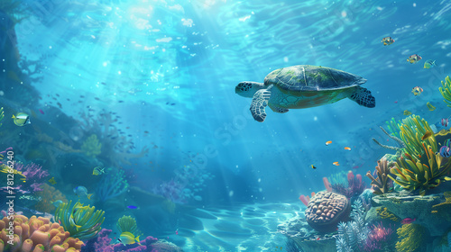 Turtles swim past colorful coral reefs with many fish swimming around. The scene is lively and lively. The turtle is the main focus of the image. photo