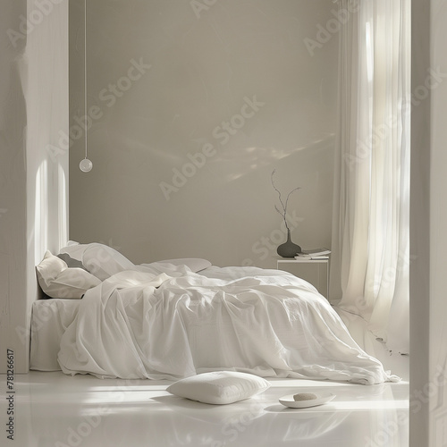 A serene and minimalist bedroom bathed in soft white tones, showcasing the elegance of simplicity and tranquility. 