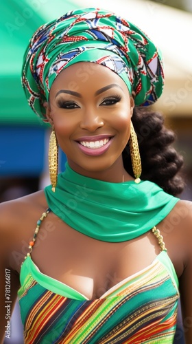 African American woman dressed in colorful attire poses wearing a green top and scarf