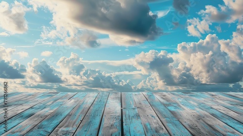 wooden terrace with beautiful view blue sky and cloud, copy space for display of product or object presentation and advertisement concept