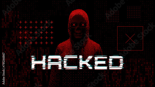Hacker Silhouette On Dark Red Glitched Background. System Hacking Attack. Online Security and Safety Concept. Glitch 3D Skull Mesh Malware Attention Sign. Computer Hacked Error Concept. Vector.