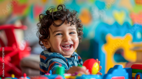 A smiling child playing with colorful toys, embodying the joy and innocence of childhood and the developmental benefits of play. Banner. Copy space photo