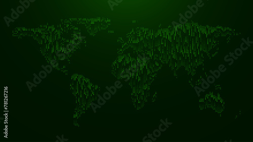 Digital World Map Made of Binary Numbers Falling. Abstract Technology Background in Matrix Style. Vector Illustration. Hi Tech Background. Darknet Dark Web Hackers Concept.