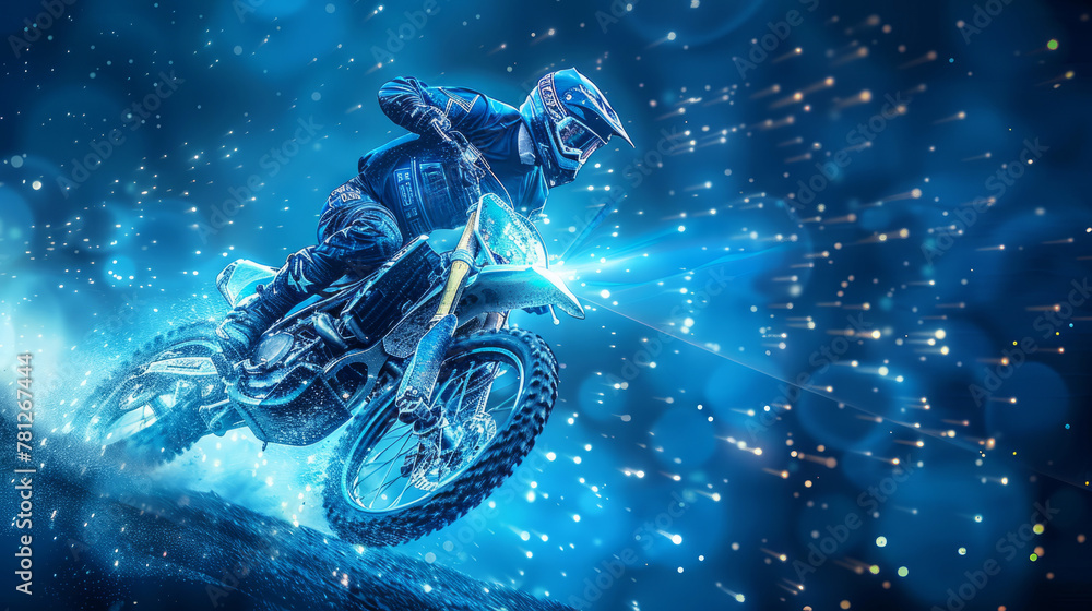 Dynamic 3D illustration of a motocross rider in mid-air jump with futuristic blue glow Dynamic 3D illustration of a motocross rider in mid-air jump with futuristic blue glow