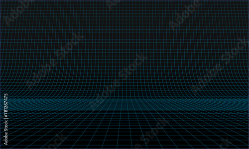 Blue Glowing Grid of Curved 3D Stage. Perspective Grid. Wide Black Blueprint Background Texture.