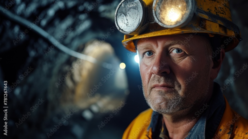 Worker in hard hat standing in the mine Worker in hard hat standing in the mine