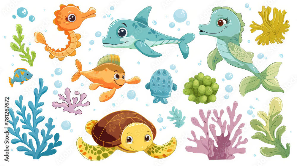 Naklejka premium Colorful cartoon underwater scene with cute marine animals and plants