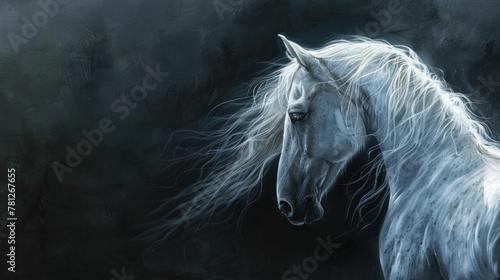 Majestic White Horse with Long Mane Standing Proudly in the Darkness © VICHIZH