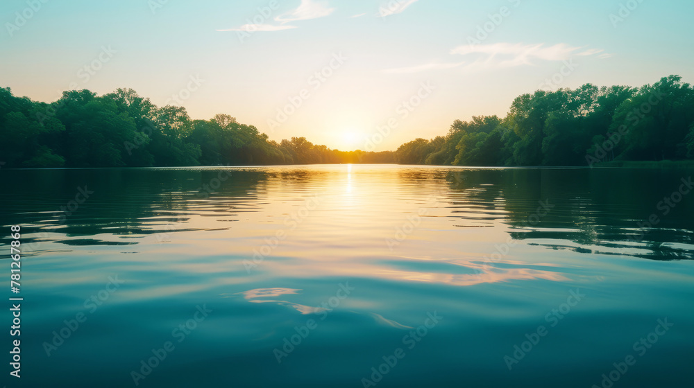 Serene lake landscape at sunset captured with a retro vibe