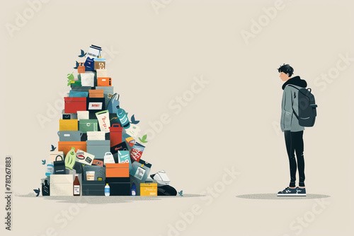 Overproduction concept - simple figure standing by a large pile of products