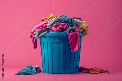 fast fashion concept - pile of clother in trash bin, solid color background