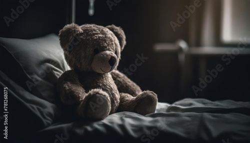lonely teddy bear sit in bed in hospital photo