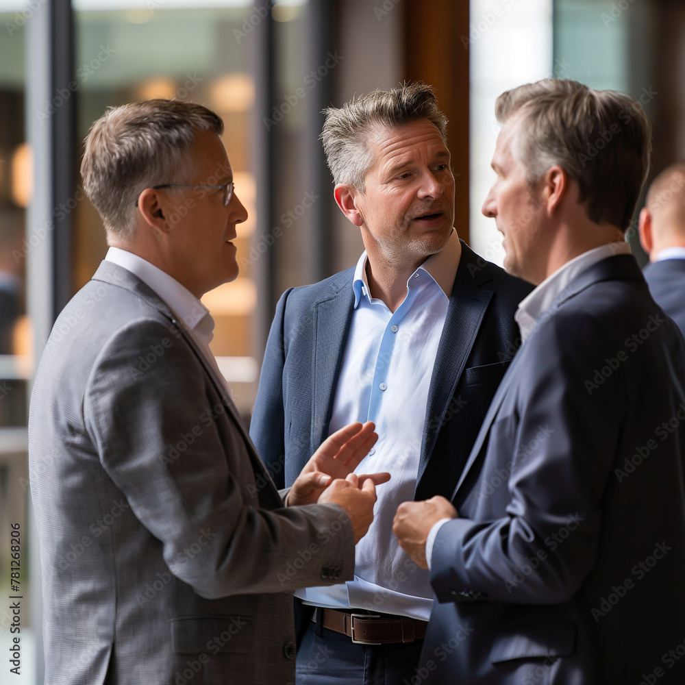 Networking at Business Event: Group of Professional Men in Suits Engaged in Lively Conversation and Networking in a Modern Conference Setting. Social Interaction and Relationship Building Among Indust Networking at Business Event: Group of Professional Men in Suits Engaged in Lively Conversation and Networking in a Modern Conference Setting. Social Interaction and Relationship Building Among Indust