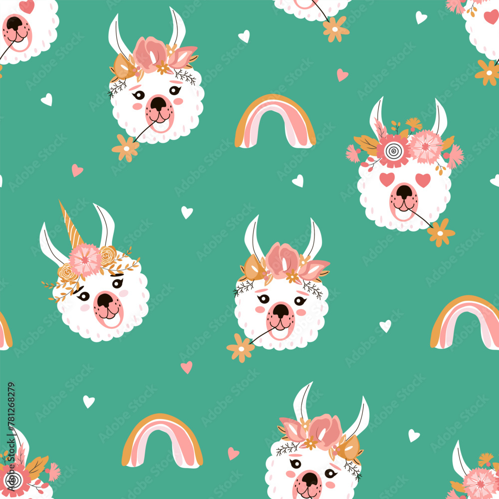 Naklejka premium Llamas in flower crowns and text seamless pattern. Creative childrens texture. Great for fabric, textile vector illustration
