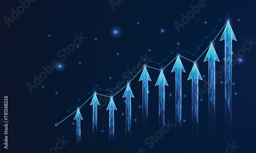 Abstract digital growing arrows up graph chart on technological blue low poly wireframe background. Boosting of business result concept. Polygonal finance glowing illustration. Success and Investment.