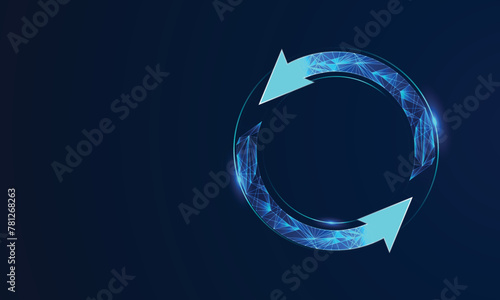 Abstract two arrows go around on a dark blue background. Digital exchange and money transfer concept. Low poly wireframe vector illustration in futuristic hologram style. Polygonal recycle symbol.