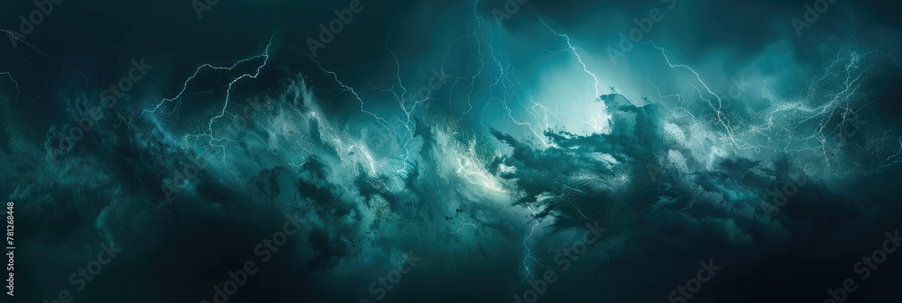 A striking painting depicting a tumultuous storm gathering in the sky, with dark clouds swirling and lightning crackling