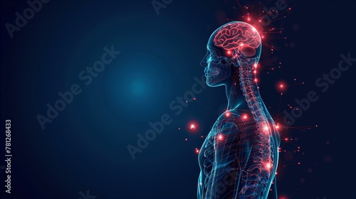 human body with glowing red brain and spine on dark blue background, digital illustration, copy space #781268433