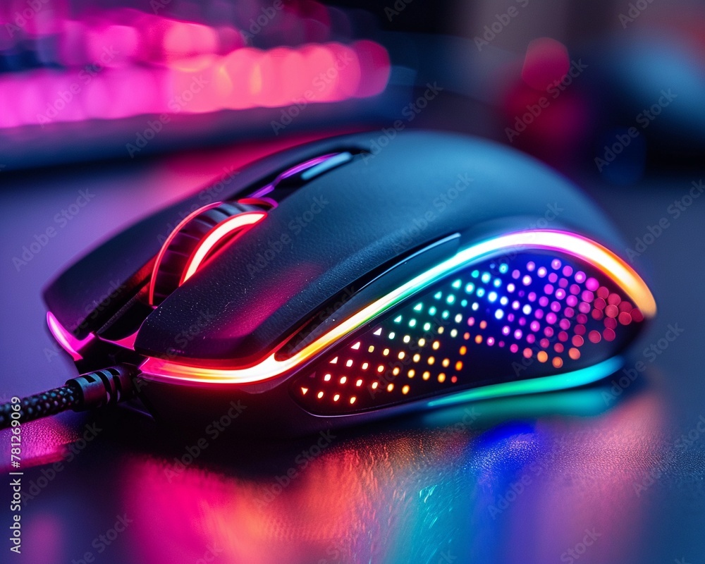 Black gaming mouse on desk, closeup with rainbow glow, highdetail 8K, ideal for gaming gear enthusiasts , 8K , high-resolution, ultra HD,up32K HD