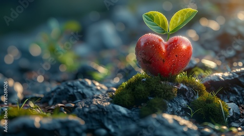 red heart shaped apple sprouting from the ground, sunlight, bokeh background, realistic style, copy space