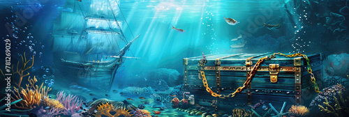 A painting depicting an underwater scene with a treasure chest nestled among colorful coral reef, surrounded by various sea creatures photo