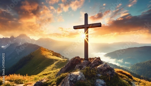 crucifixion of jesus christ at sunrise a christian cross on top of a hill at sunset easter and christian concept horizontal background copy space for text © William