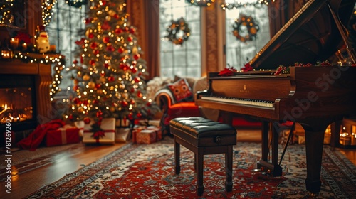 Christmasthemed backdrop featuring a piano in a cozy living room with a beautifully decorated Christmas tree, captured in stunning 8K detail , 8K , high-resolution, ultra HD,up32K HD photo