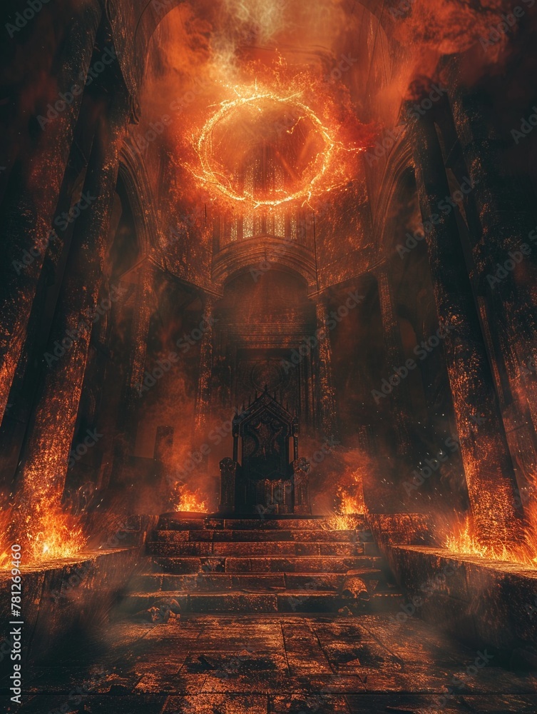 Dark and imposing Hell Throne Hall, with a throne encircled by fire, perfect for a frightening background in 8K detail , 8K , high-resolution, ultra HD,up32K HD - obrazy, fototapety, plakaty 