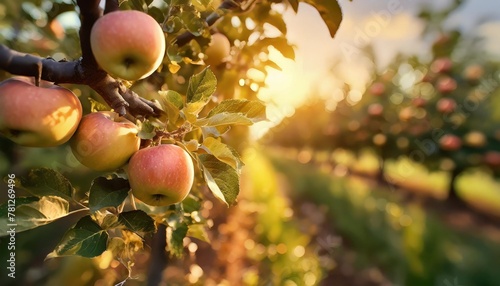 fruit farm with apple trees branch with natural apples on blurred background of apple orchard in golden hour concept organic local season fruits and harvesting generative ai